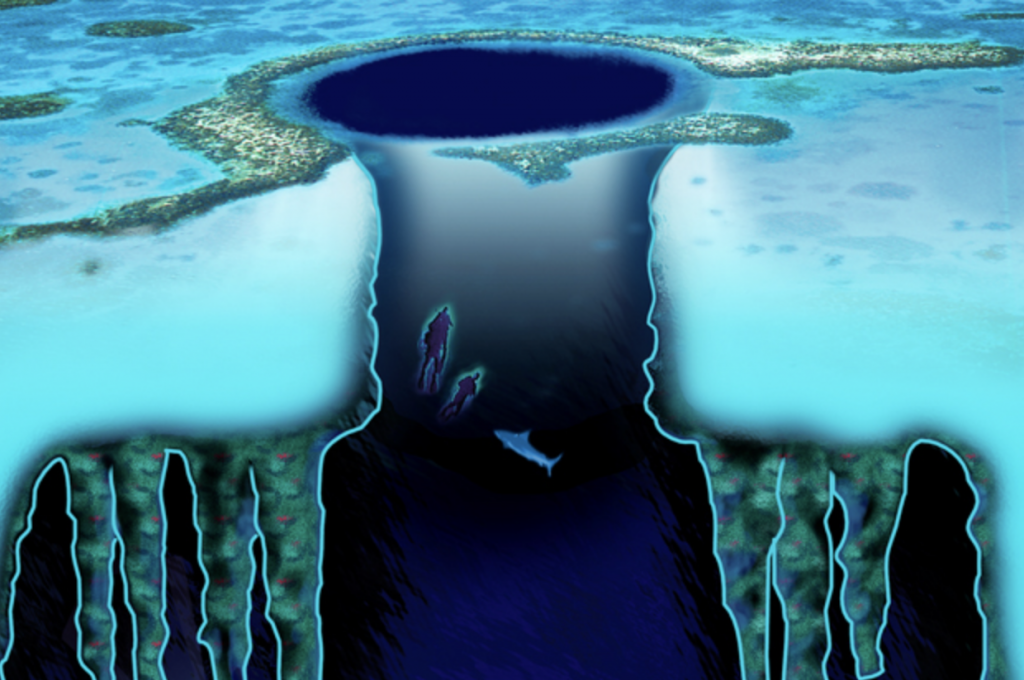 No interior do sumidouro do Buraco Azul de Belize